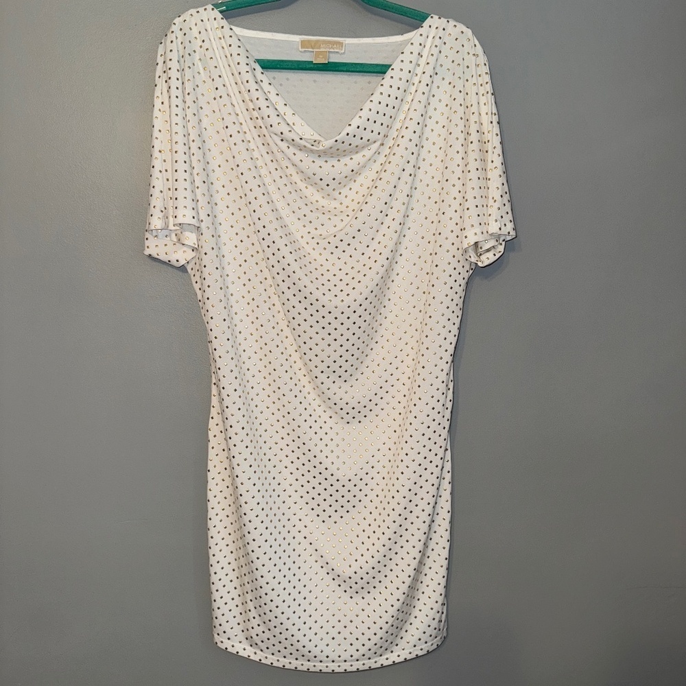 EUC Michael Michael Kors White Gold Metallic Dot Shift Mini Dress Size Medium
